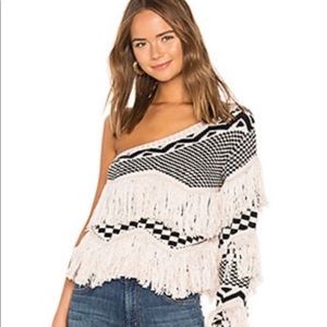 House of Harlow x Revolve NOA One Shoulder Fringe Sweater in Bone